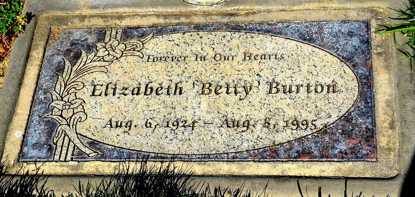 Photo of headstones/Elizabeth (Betty) Burton 1924-1995 hdstn Concord mem gdns CA